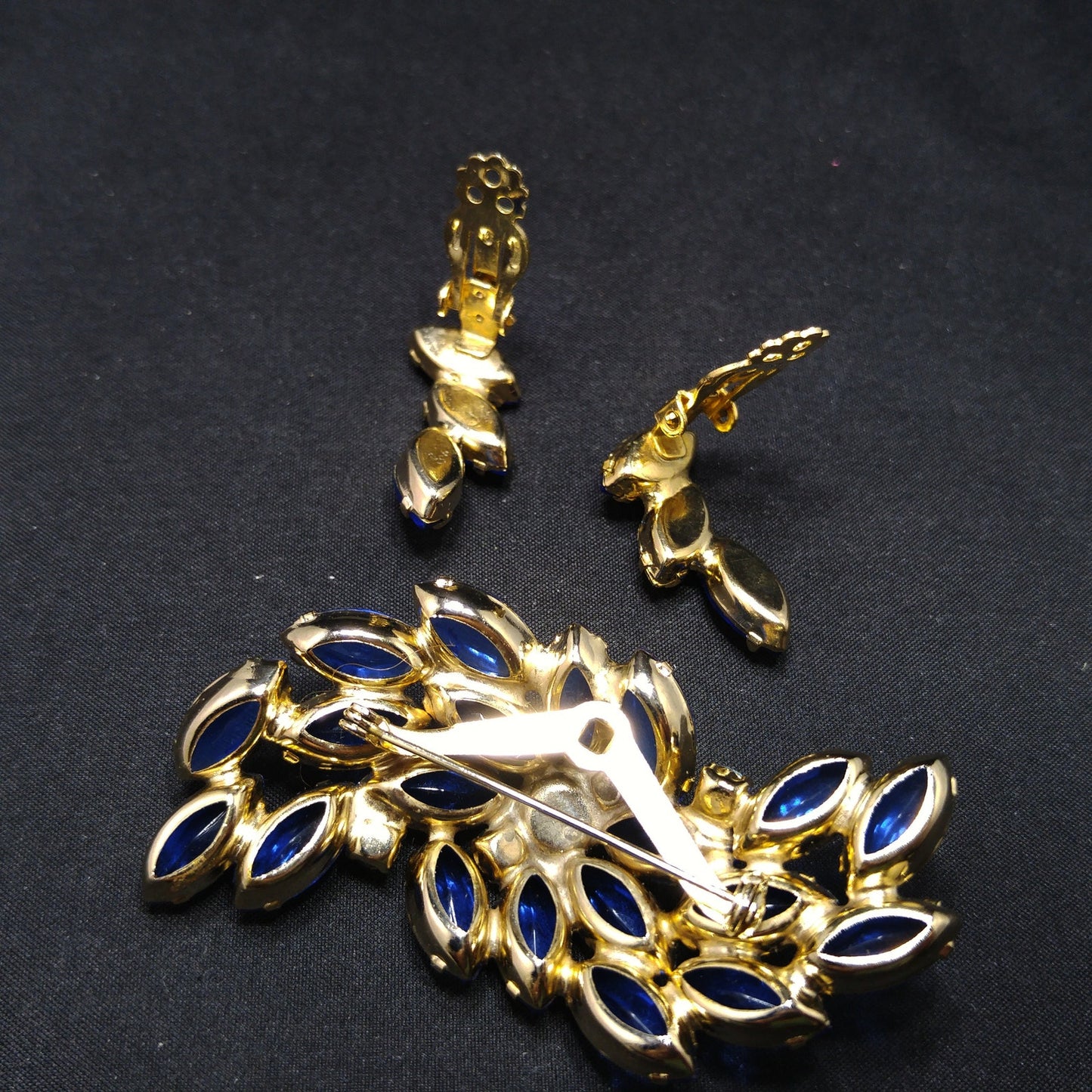 Vintage Royal Light Blue Rhinestone Brooch Earring Set, Gold Plated, 1960s Vintage Jewelry
