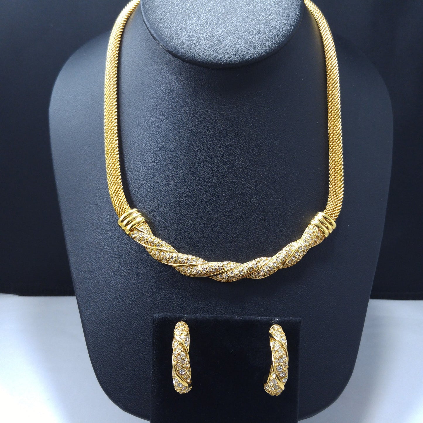 Vintage Swarovski Mesh Necklace & Earrings Set – Gold Plated with Rhinestones