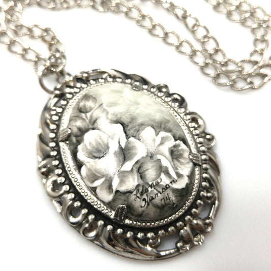 Hand Painted Monochrome Flower Pendant Necklace, Signed & Dated, 1970s Vintage Jewelry