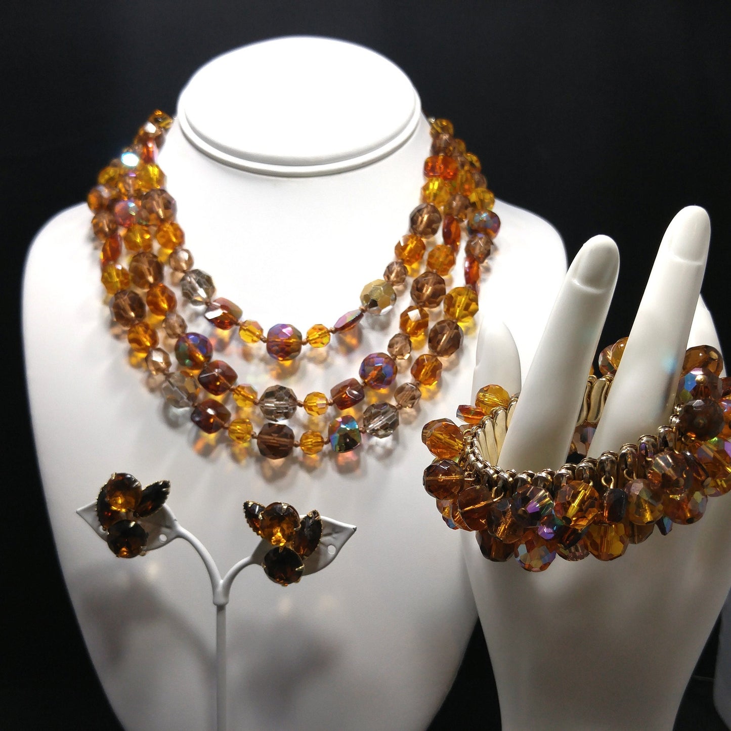 Topaz Crystal Necklace Bracelet Earrings Set, Aurora Borealis, 1960s Vintage Jewelry