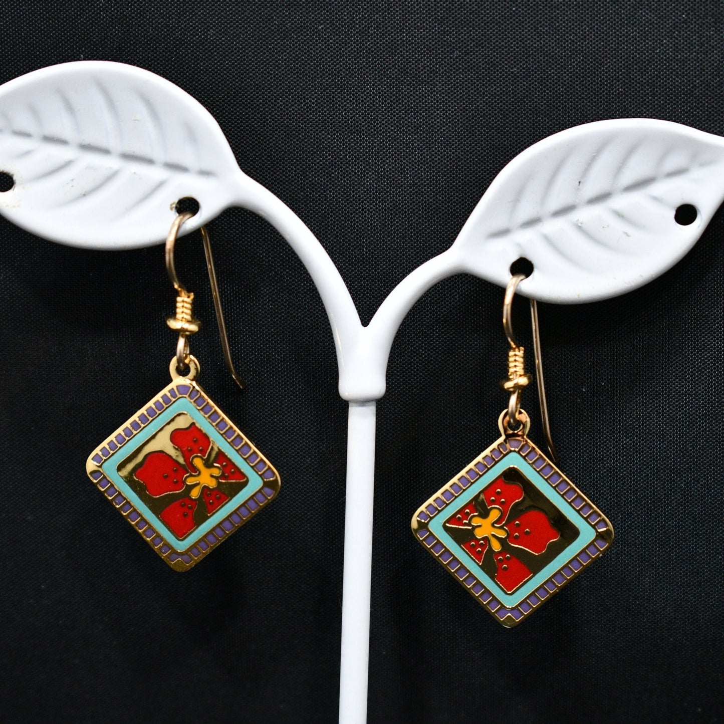 Vintage Laurel Burch "Jasmine For Jodi" Earrings, Red Flower Gold Plated