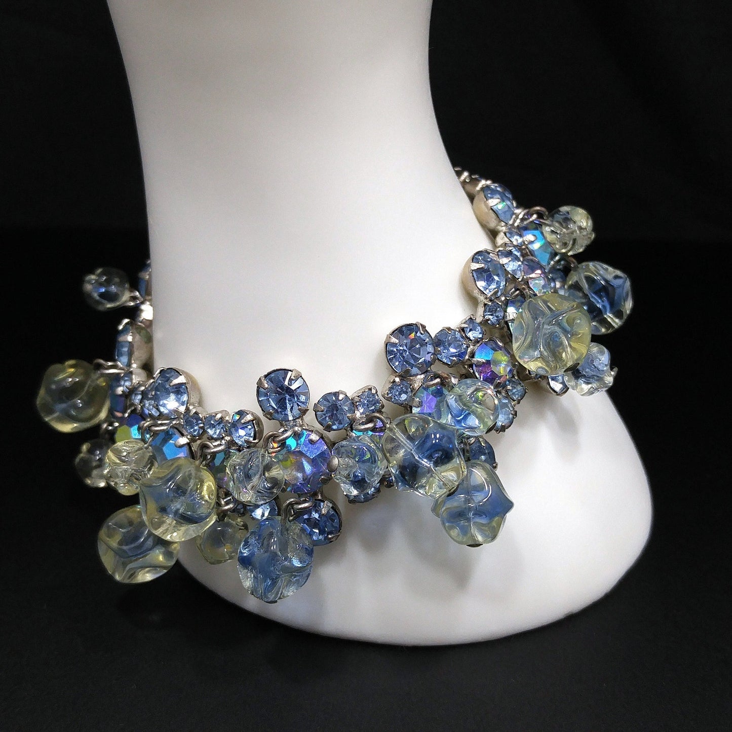 Light Blue AB Rhinestone Bracelet, Glass Dangle Clear Beads, Rhodium Plated, 1950s Vintage Jewelry