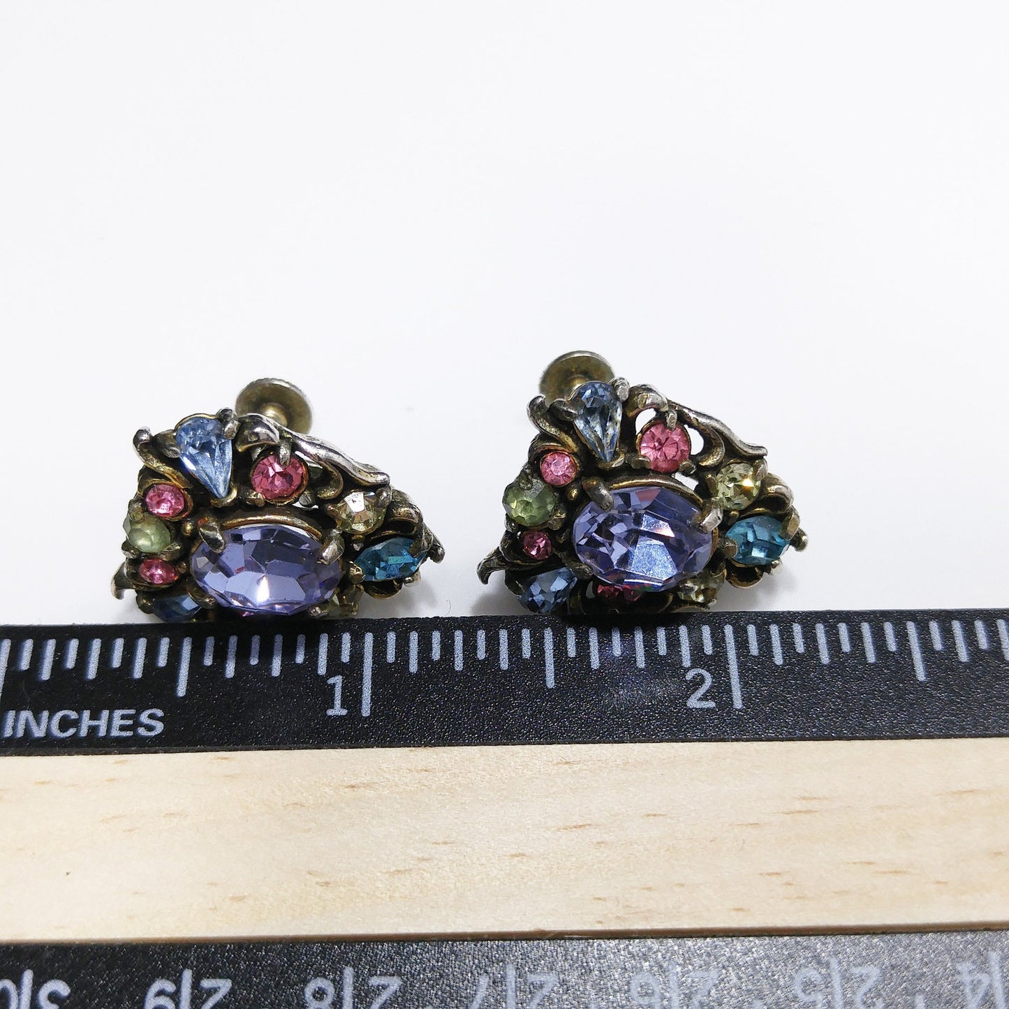 Hollycraft Pastel Rhinestone Earrings, Signed Copr 1950, Vintage Jewelry