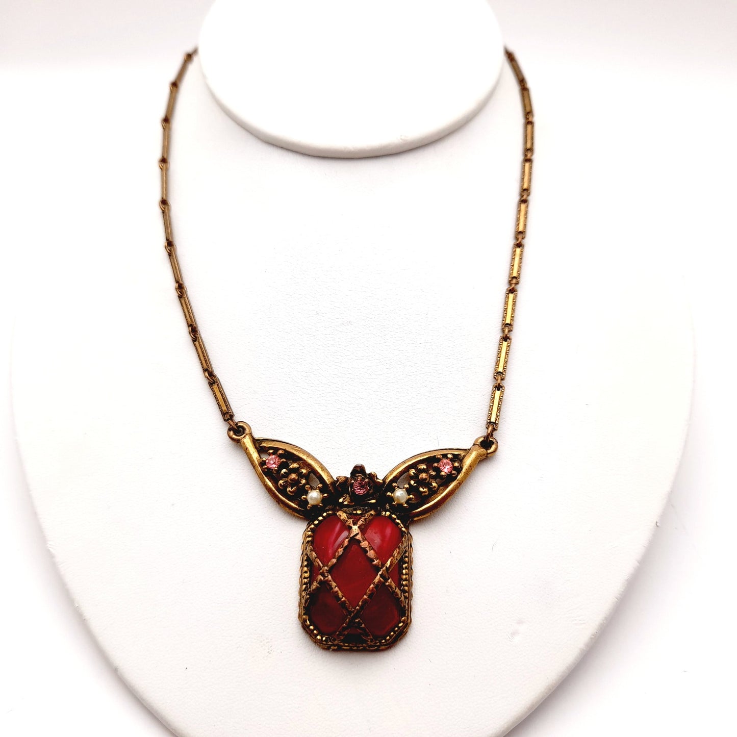 Vintage 1920s Red Thermoset Rhinestone Pendant Necklace, Art Deco, Pot Metal