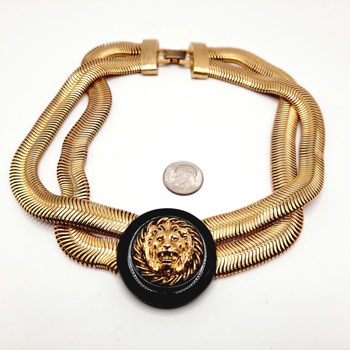 Vintage Lion Head Pendant Double Snake Chain Necklace, 15 Inches