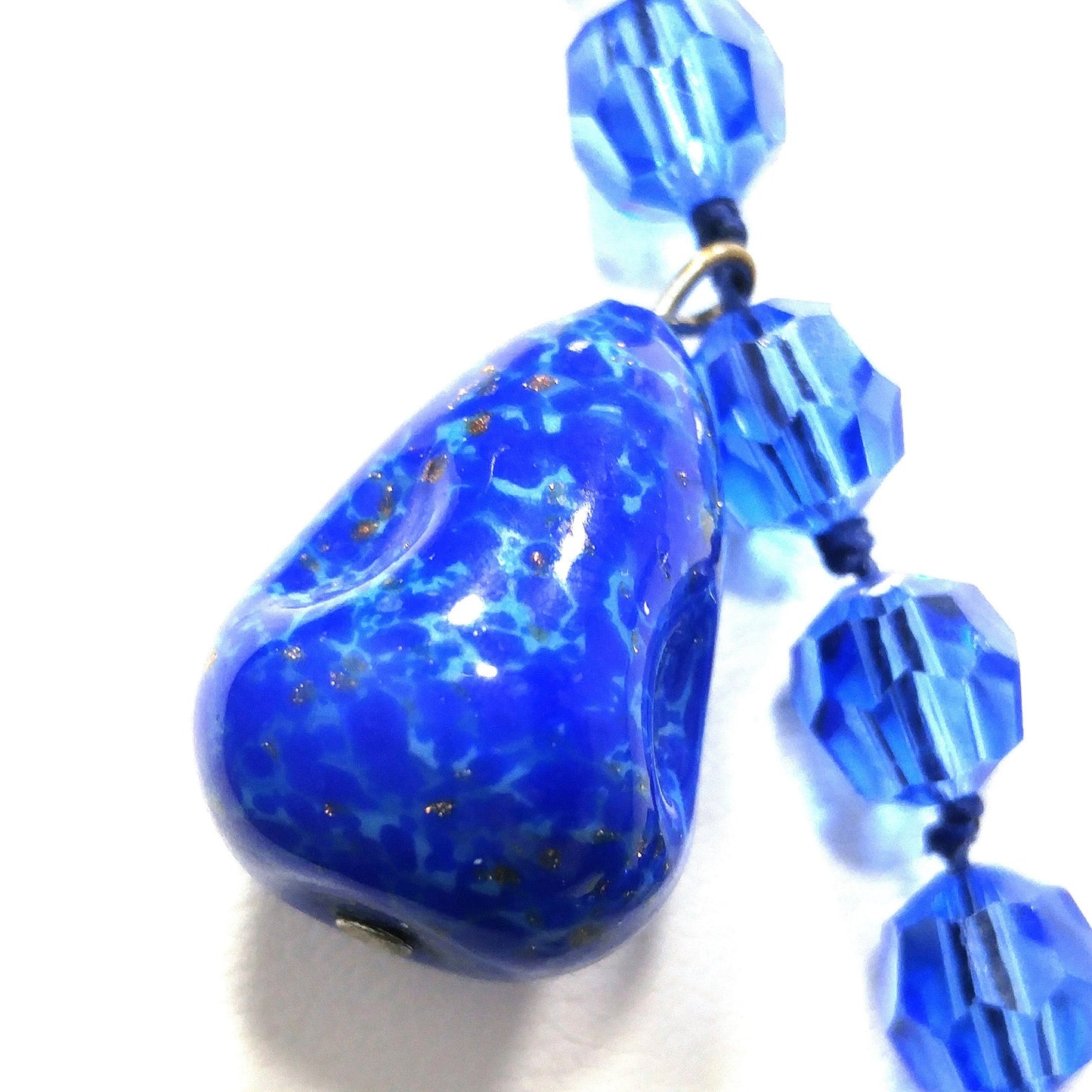 Cobalt Blue Crystal Long Necklace & Earrings, Artisan Jewelry, Faux Lapis Glass, 1940s Vintage Jewelry