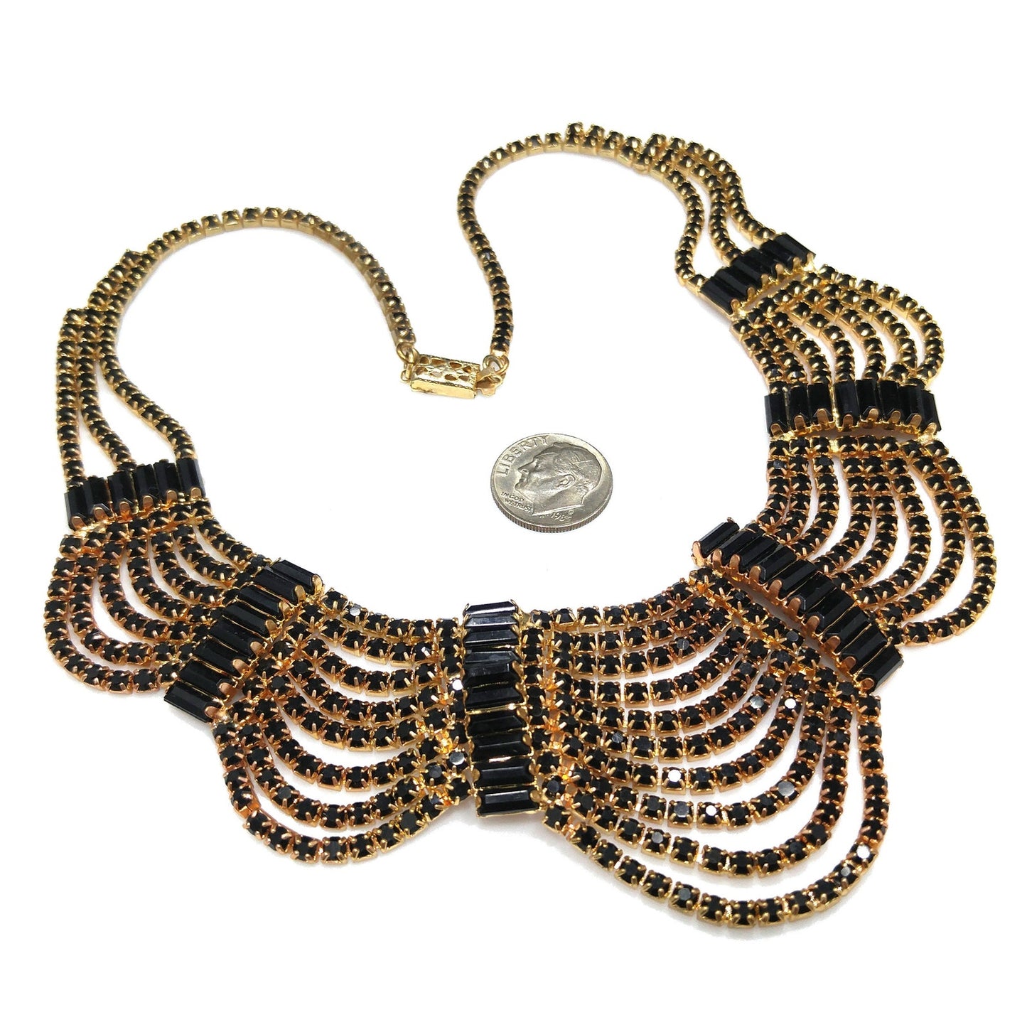 Black Rhinestone Festoon Necklace, Gold Plated, 1950s Vintage Jewelry