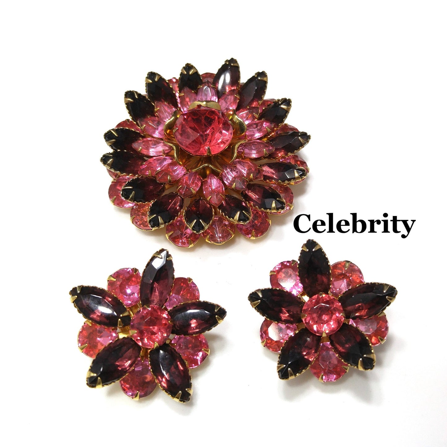 Vintage Celebrity Pink Purple Brooch & Earrings, 22K Gold Plated, 1940s