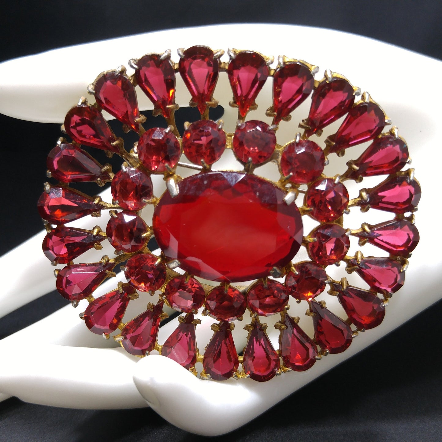 Large Red Rhinestone Sash Pin Brooch, Faceted Red Glass Stone Center, 1940s Vintage Jewelry
