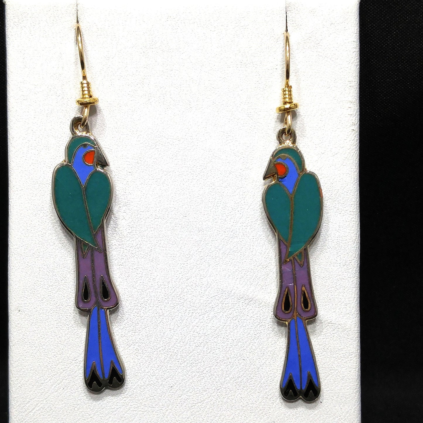 Laurel Burch "Mayan Bird" Long Earrings, Cloisonne & Enamel, 1980s Vintage