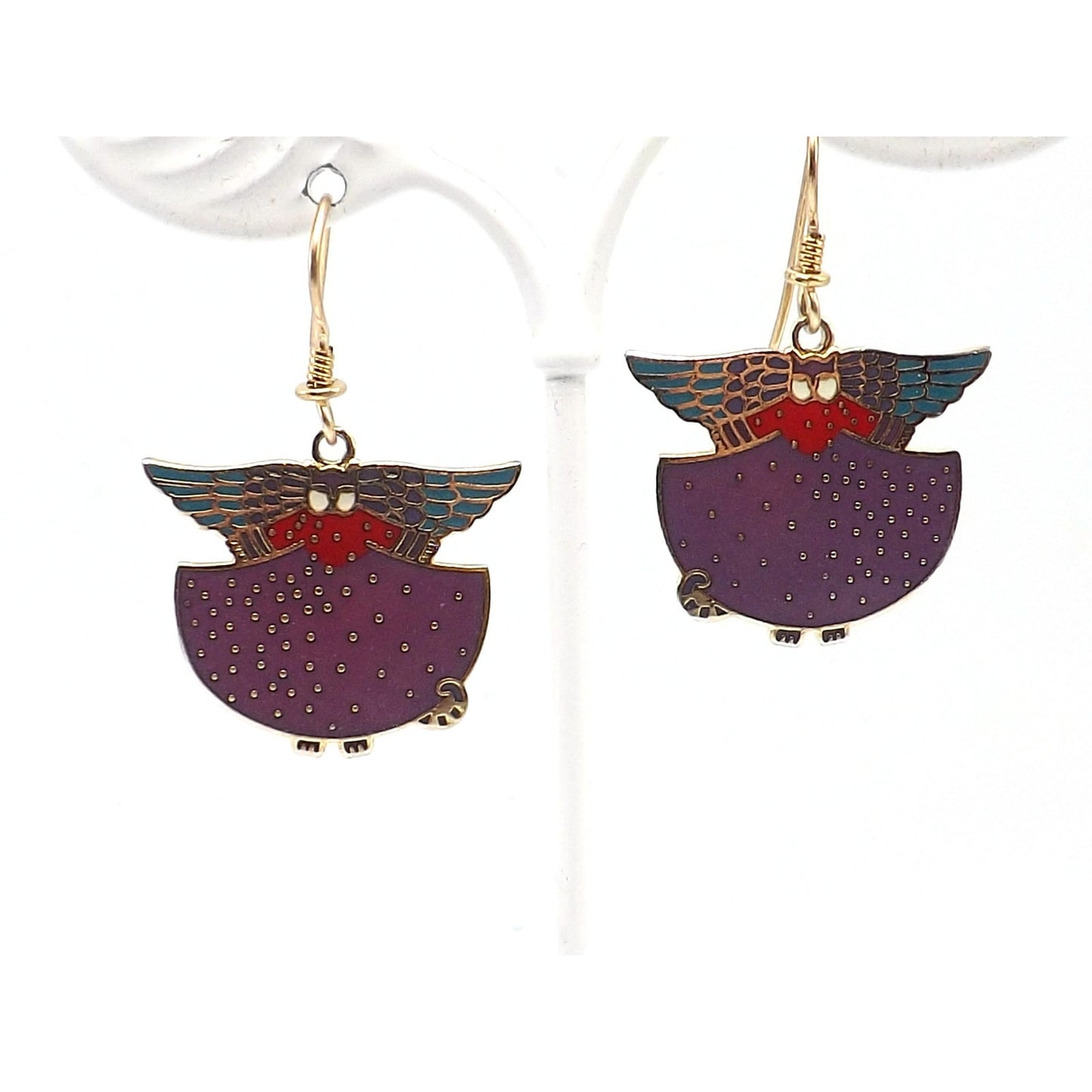 Laurel Burch "Angelicat" Earrings, Gold Plated Cloisonne & Enamel, Cat Lovers Earrings, 1980s Vintage Jewelry