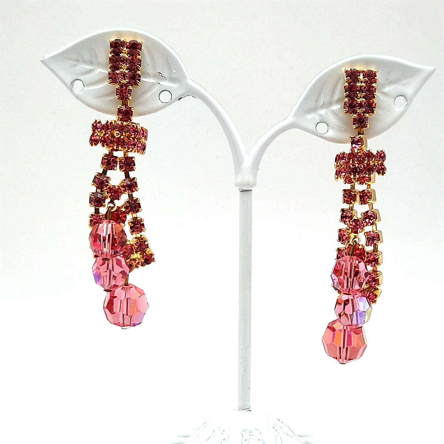 Vintage Pink Rhinestone Crystal Drop Clip On Earrings