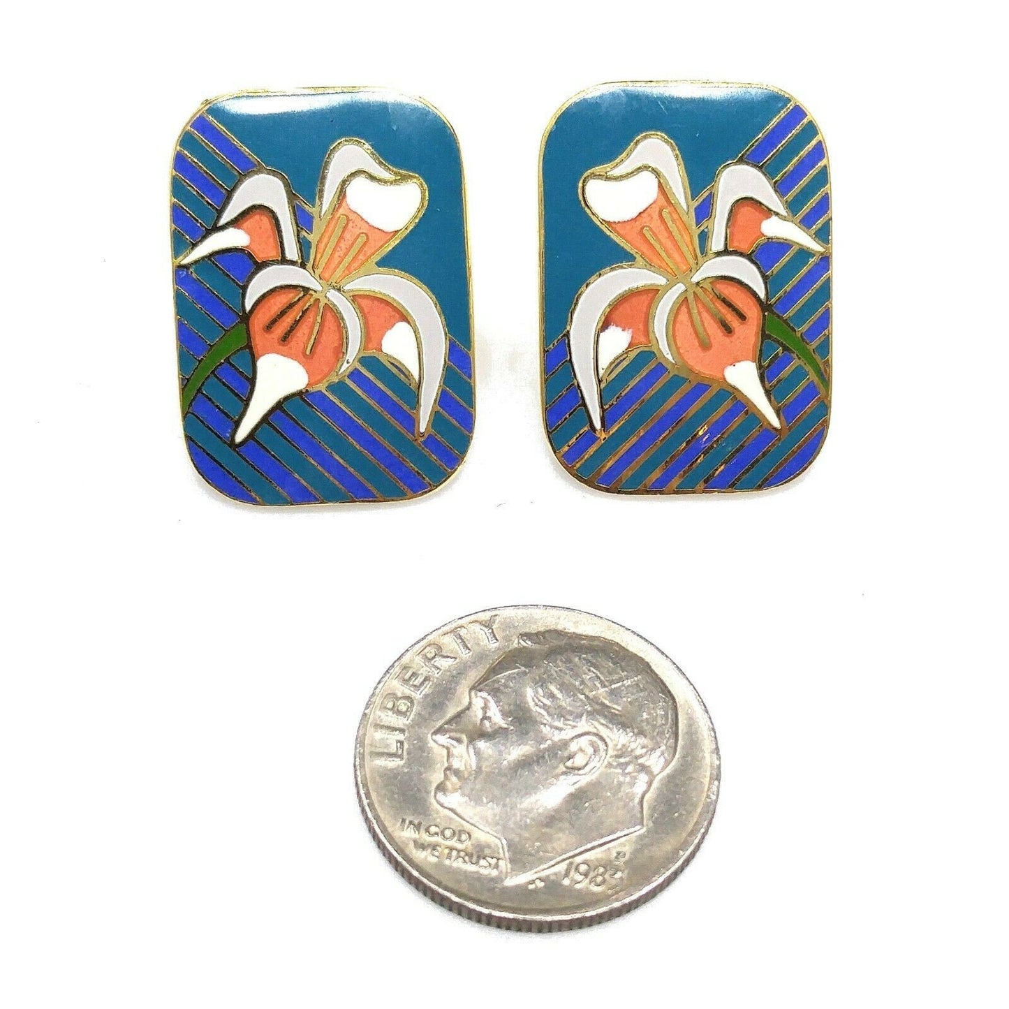 Laurel Burch Gold Plate "Iris" Teal Blue & Orange Enamel Cloisonne, 1980s
