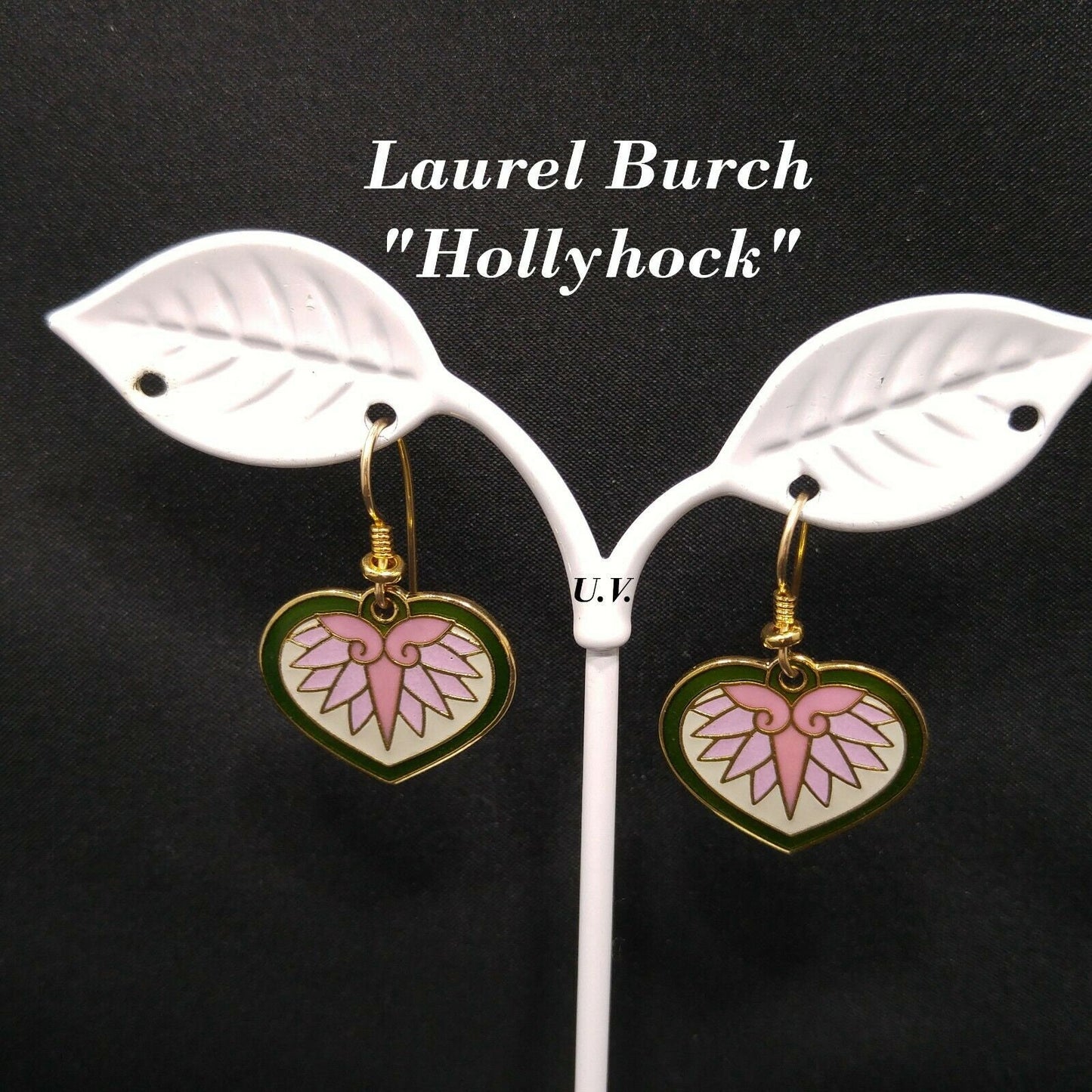 Laurel Burch Hollyhock Floral Earrings, Gold Plated Cloisonne, Enamel, 1980s