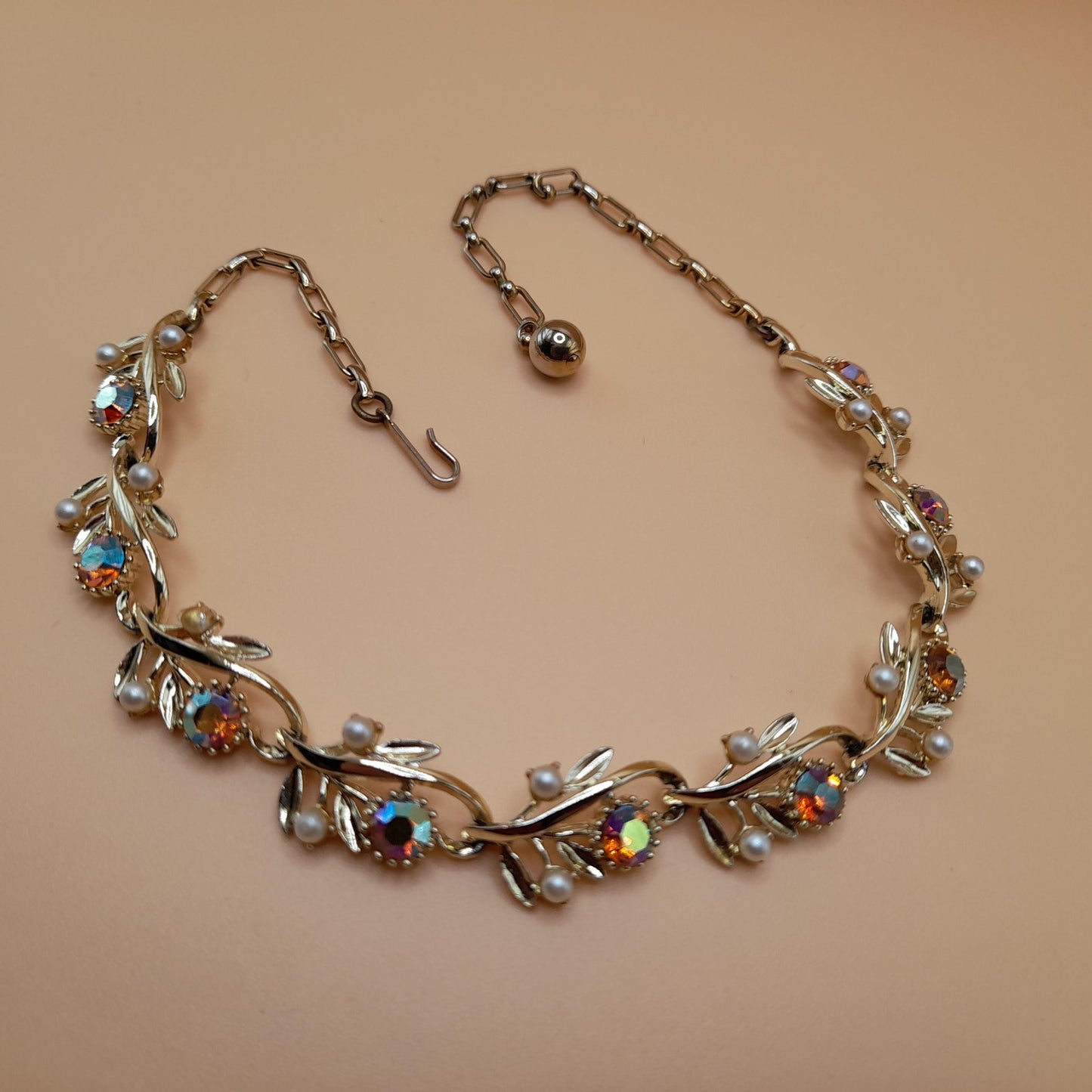 Vintage Light Topaz Rhinestone Choker Necklace, Faux Pearls, 1950s, 15 In