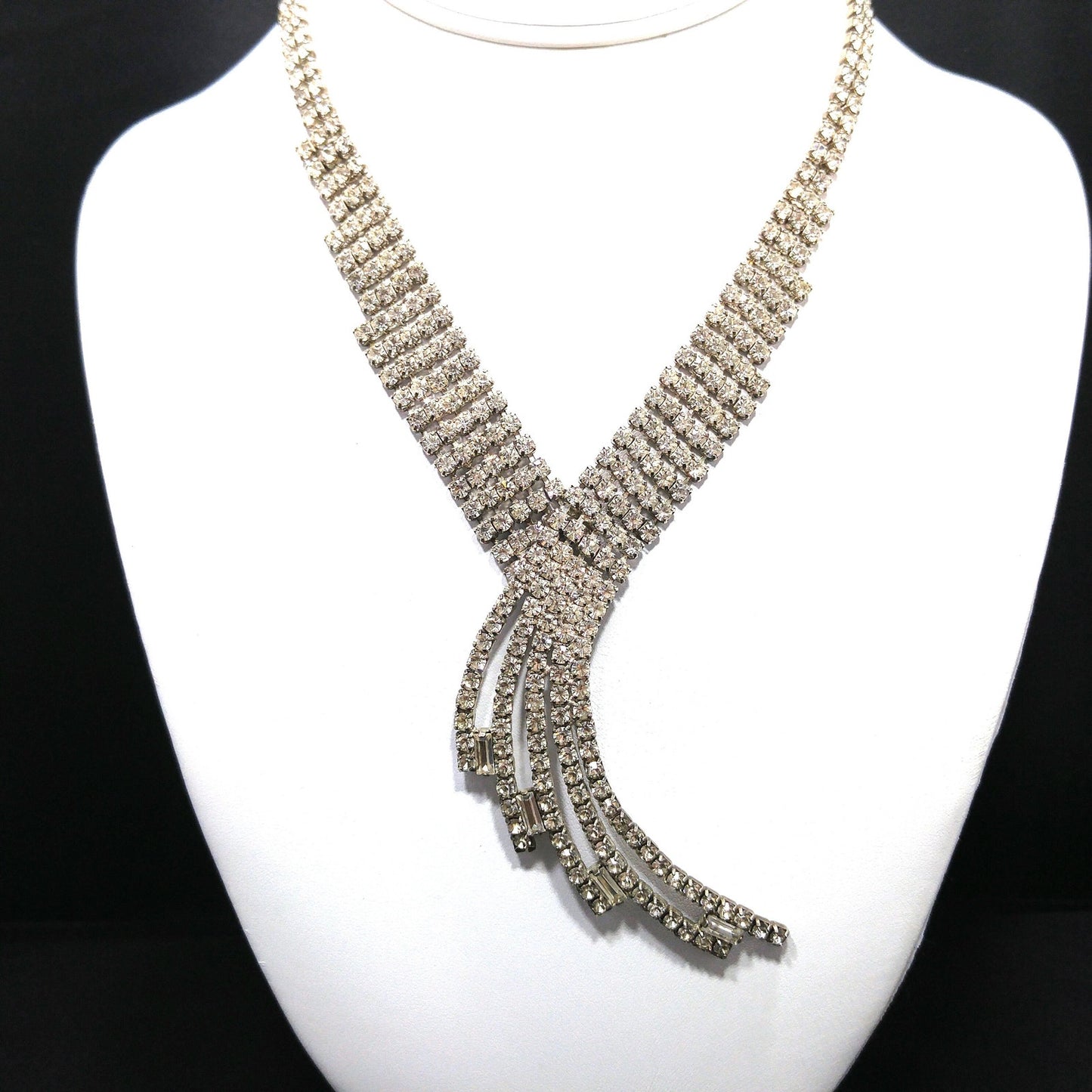 Vintage 1950s Rhinestone Statement Necklace – Five Strand Fringe Drop – Clear Crystal Bridal Jewelry