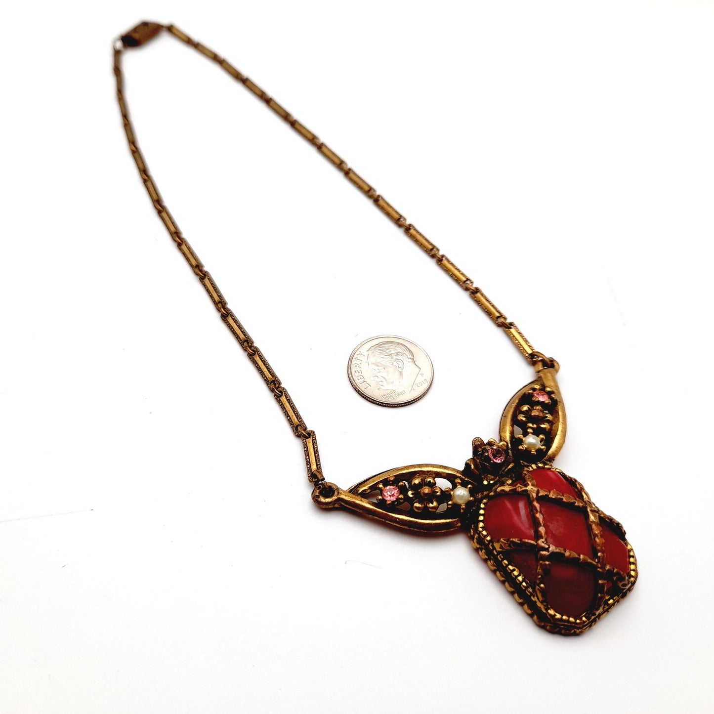 Vintage 1920s Red Thermoset Rhinestone Pendant Necklace, Art Deco, Pot Metal