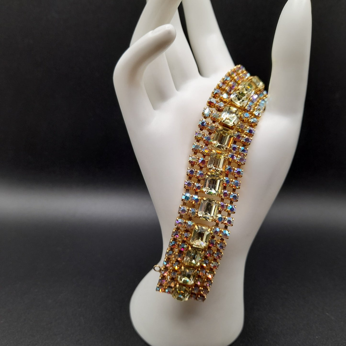 Jonquil Aurora Borealis Rhinestone Wide Bracelet, Gold Plated, 1960s Vintage Jewelry