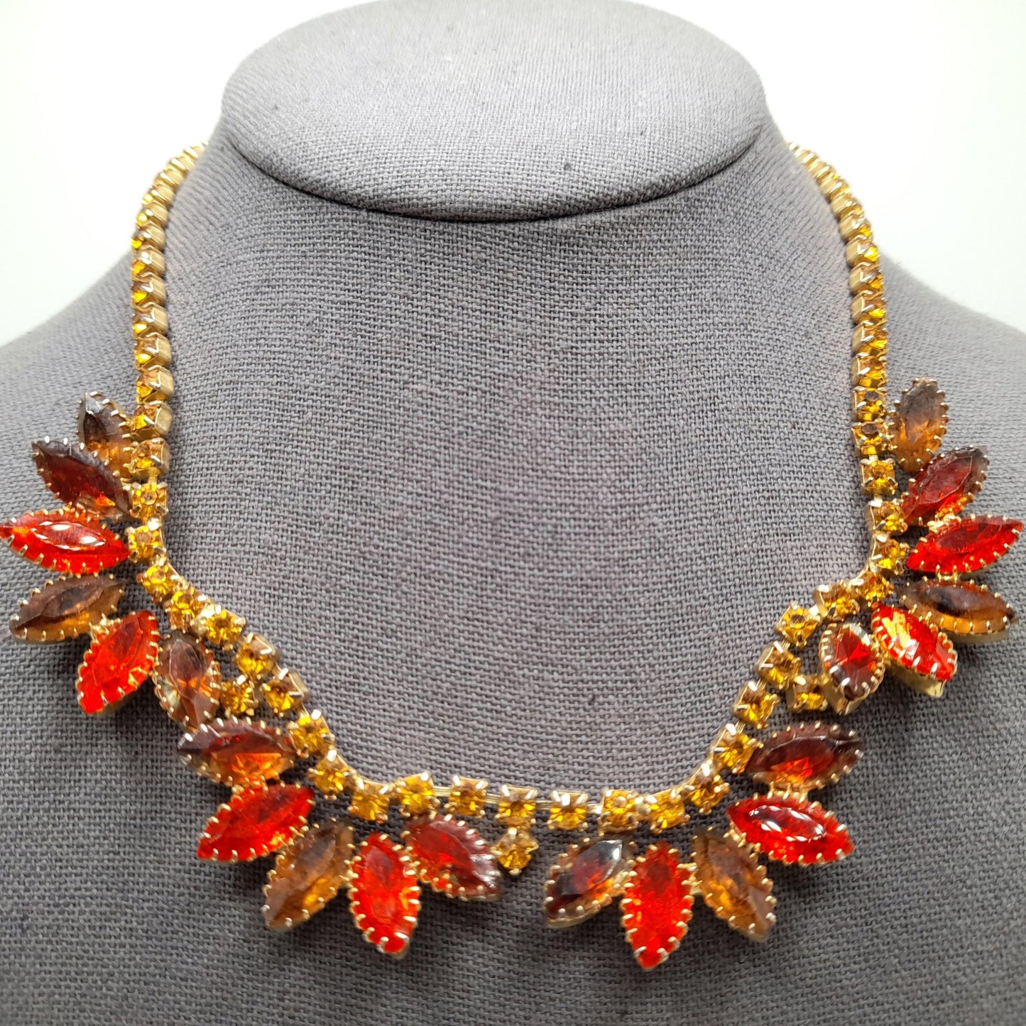 Vintage Orange Topaz Rhinestone Necklace Earrings Set, Gold Plated, 1960s
