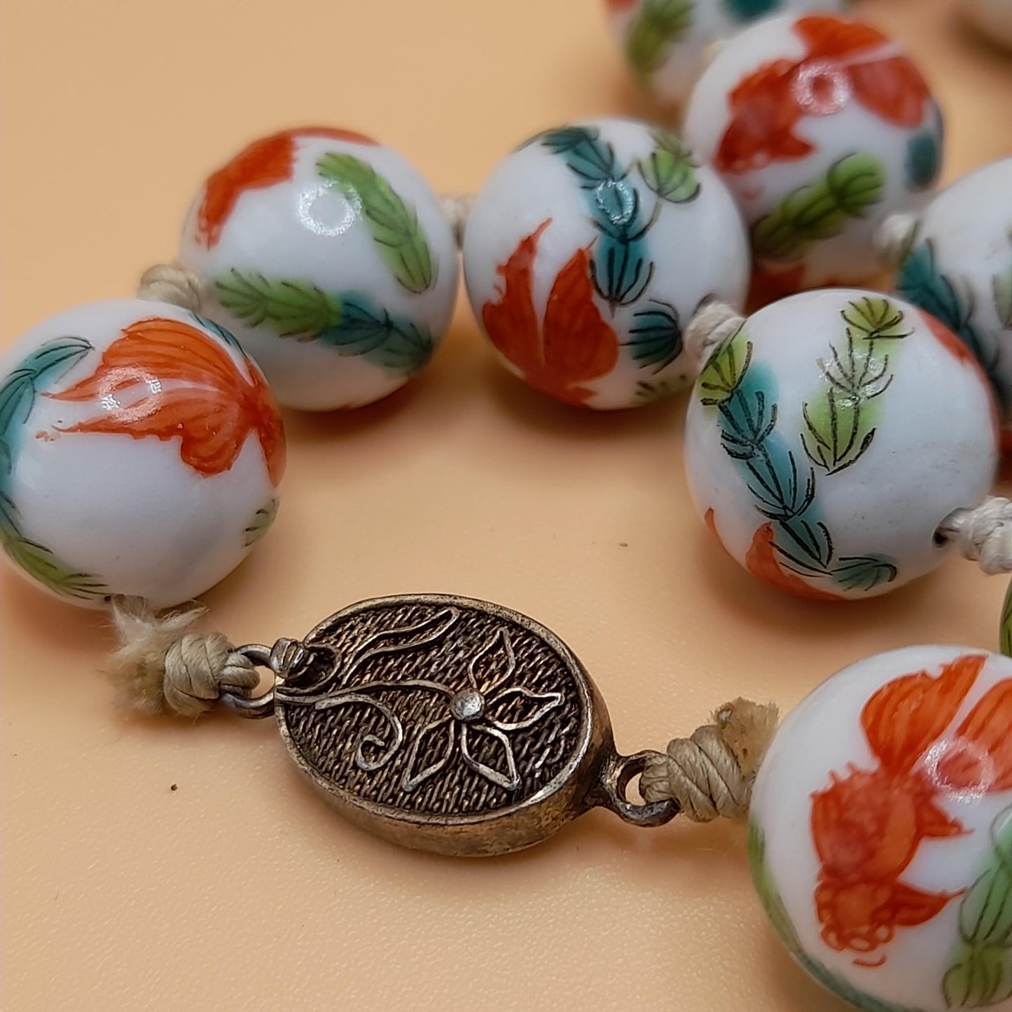 Hand Painted Koi Fish Bead Necklace, Ceramic Hand Knotted Vintage