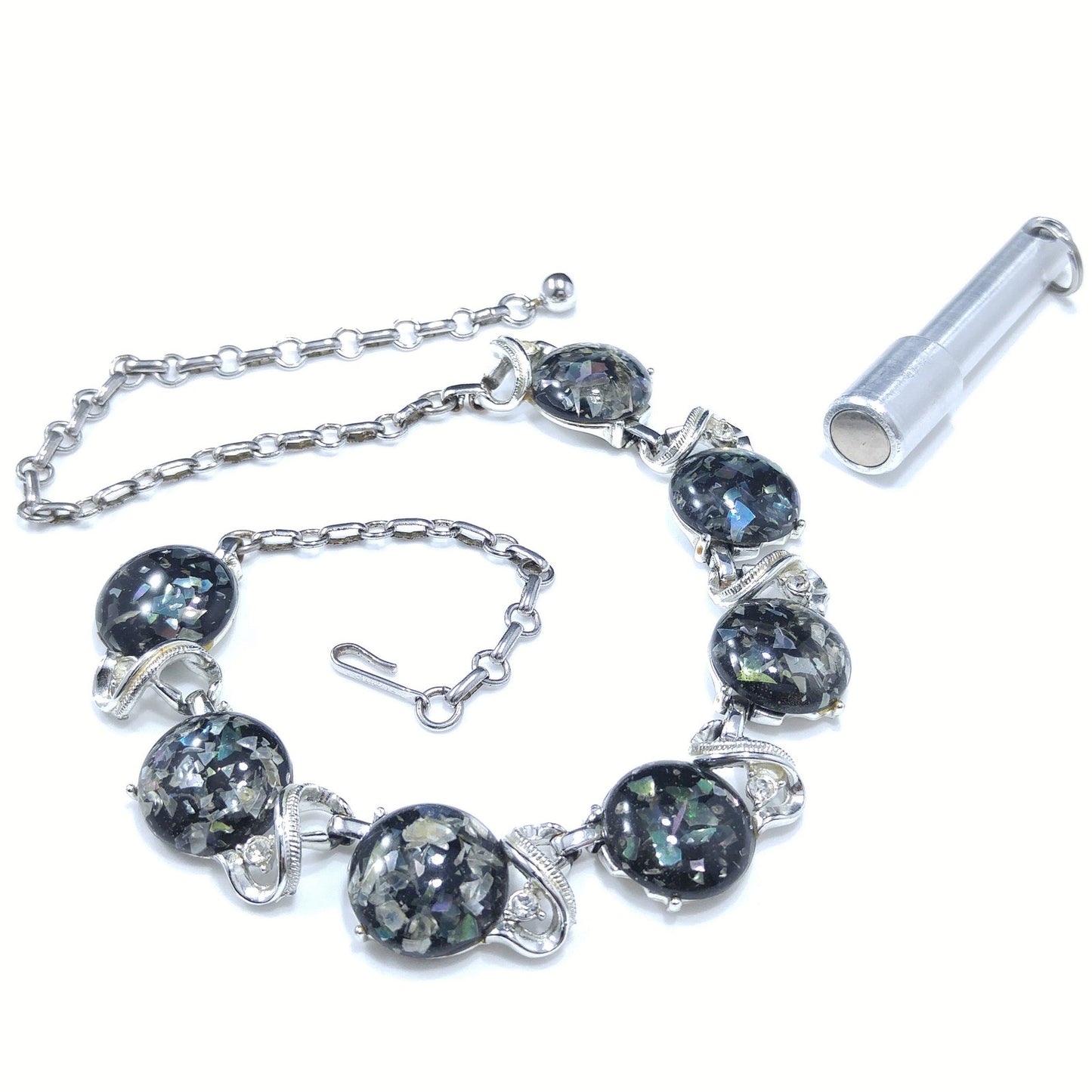 Coro Lucite Confetti Necklace, Gray Lucite & Silver Tone, 1950s Vintage Jewelry