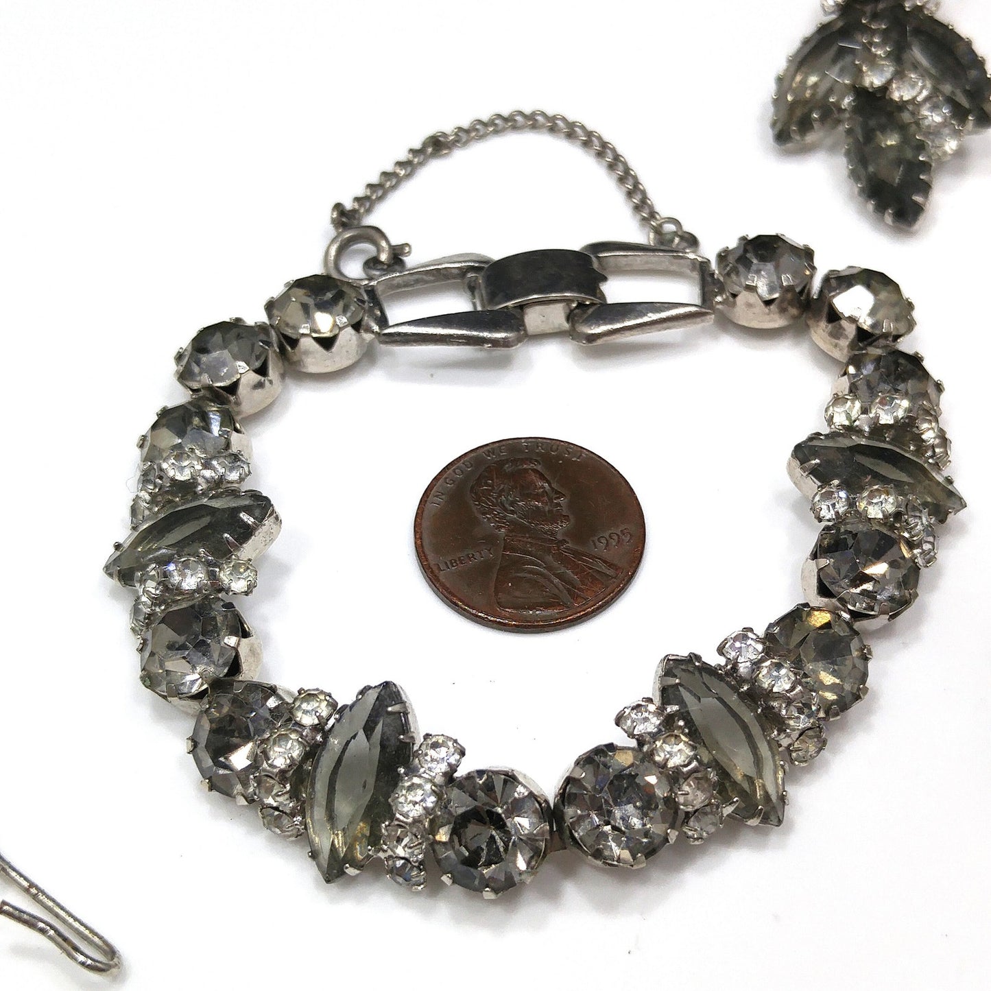 Black Diamond & Clear Rhinestone Jewelry Set, Necklace Bracelet Clip Earrings, 1950s Vintage Jewelry