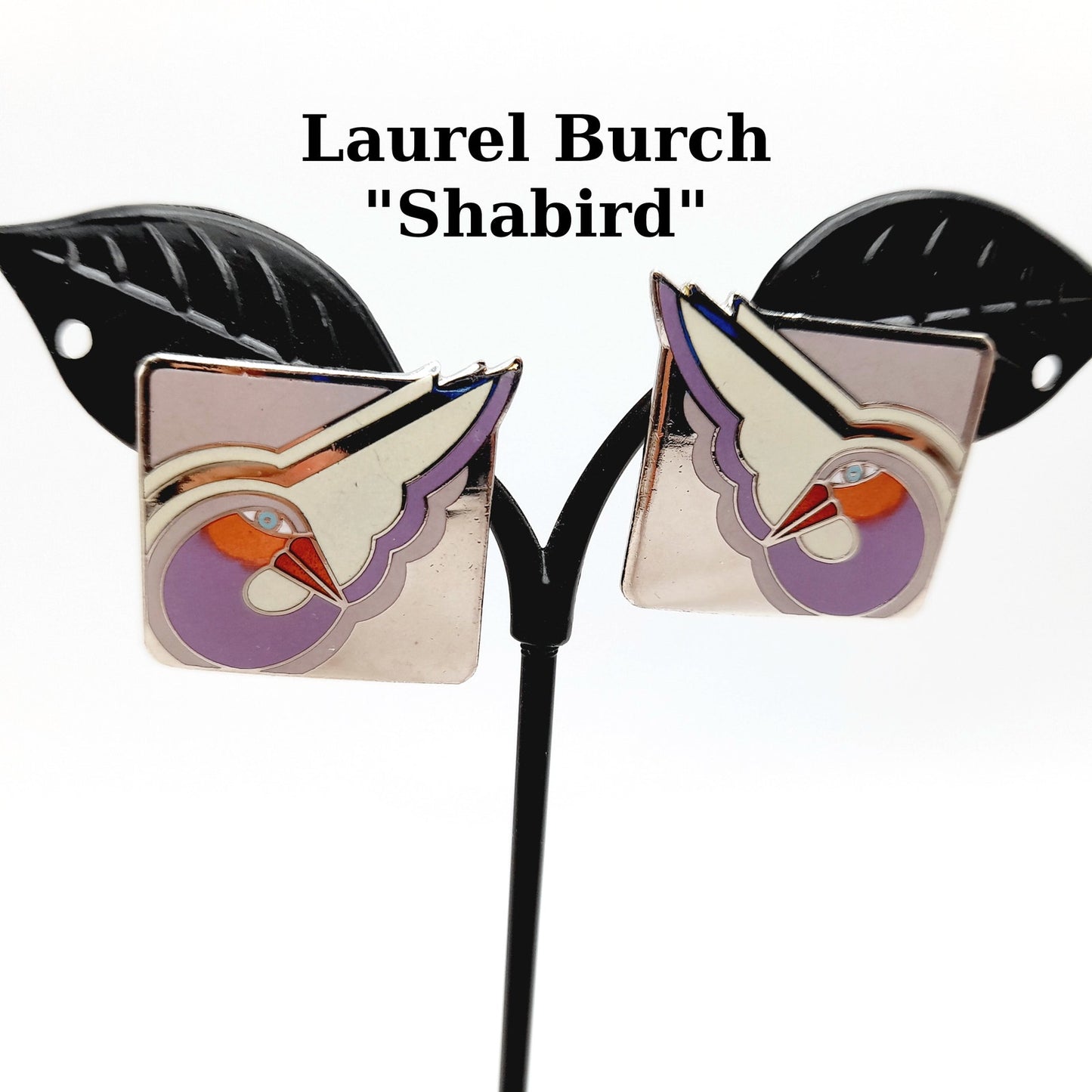 Vintage Laurel Burch "Shabird" Lavender Bird Post Earrings - Rhodium Plated - 1 Inch