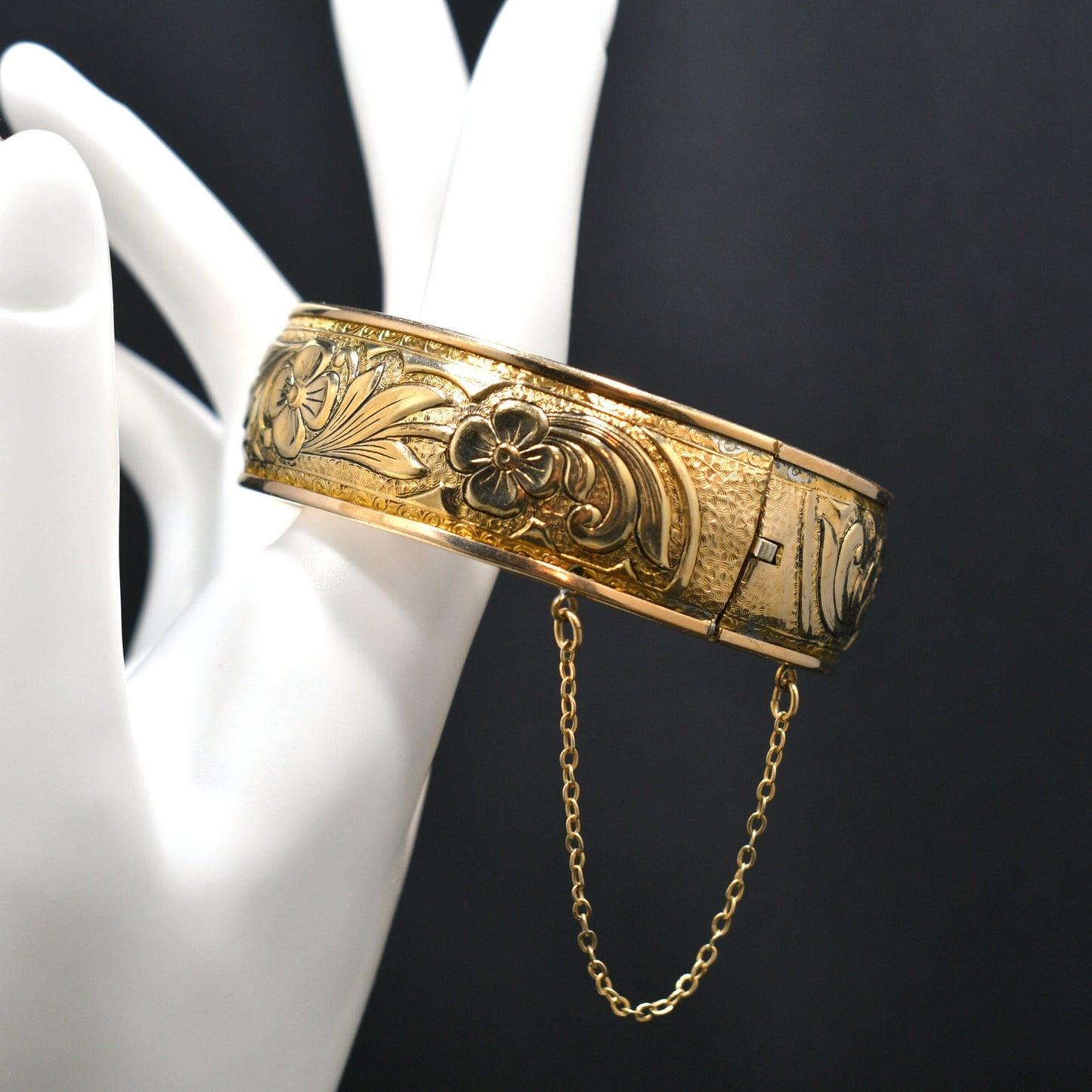 S O Bigney Gold Filled Floral Hinged Bracelet, Safety Chain, 1930s Vintage Jewelry