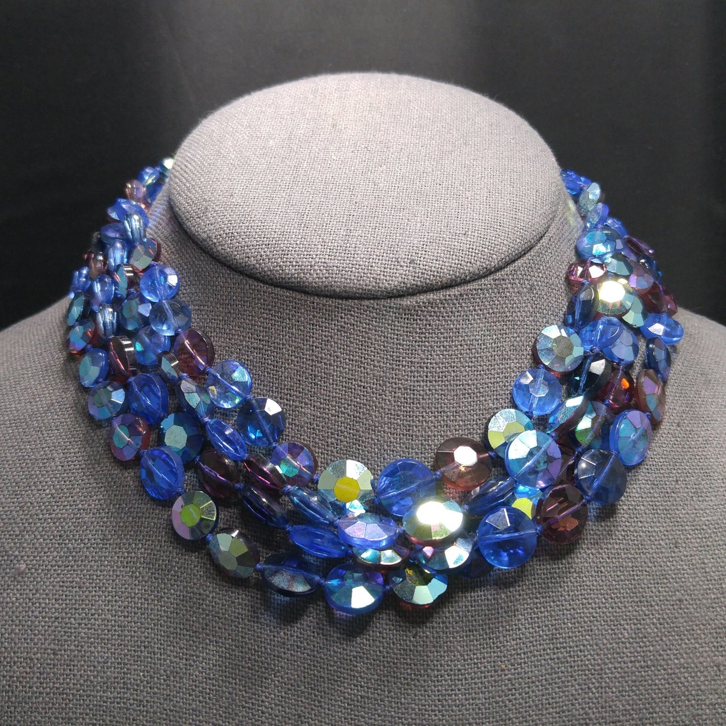 Blue Purple Aurora Borealis Necklace, Hand Knotted Four Strands, 1950s Vintage Jewelry