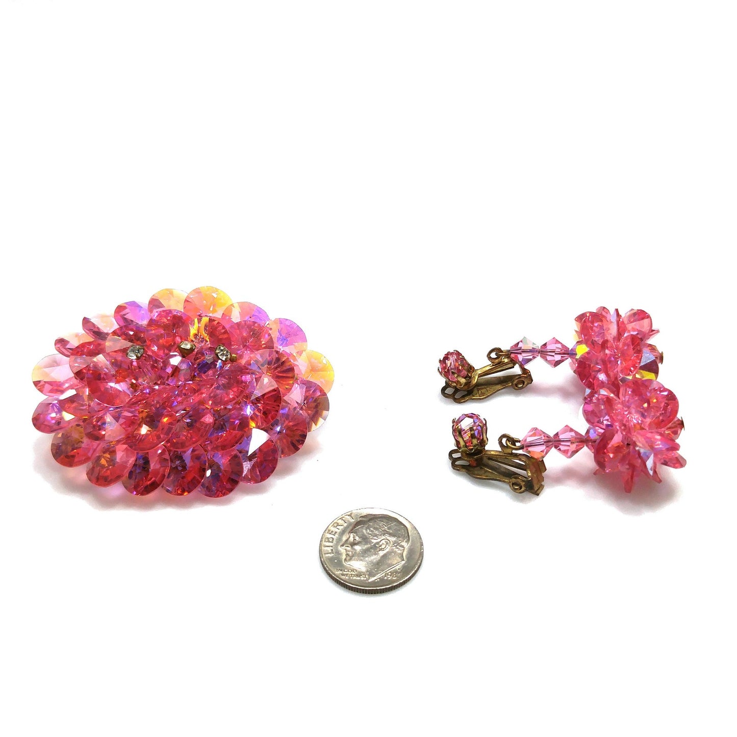 Pink Flat Crystal Brooch & Earrings, Aurora Borealis, 1960s Vintage Jewelry