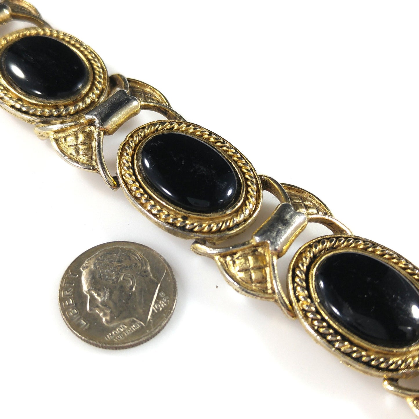 Mid-Century Black Glass Link Bracelet, Gold Plated, 1950s Vintage Jewelry