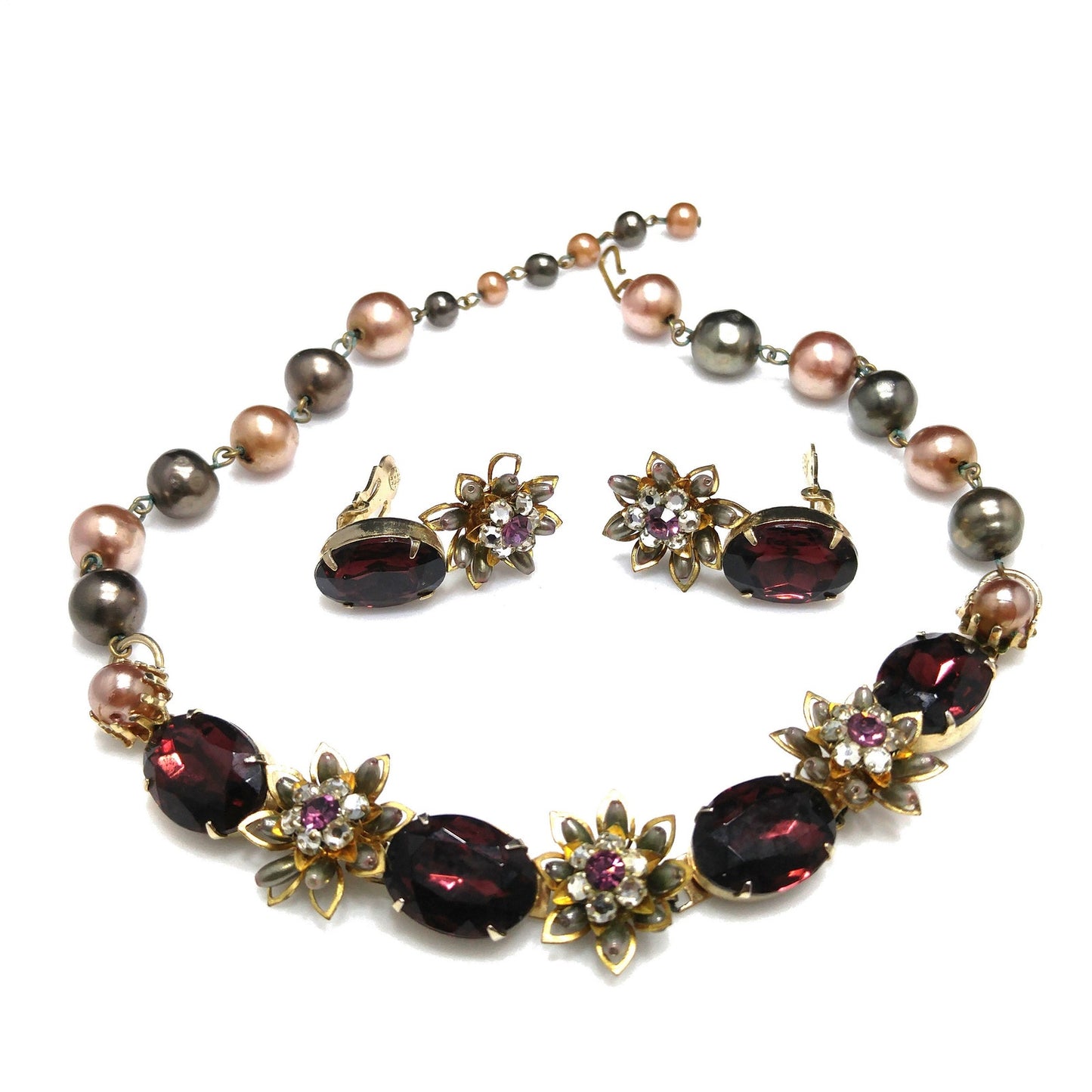 Purple Rhinestone Floral Necklace Earrings, Faux Pearls, 1950s Vintage Jewelry