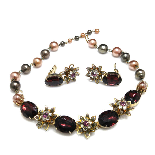 Purple Rhinestone Floral Necklace Earrings, Faux Pearls, 1950s Vintage Jewelry