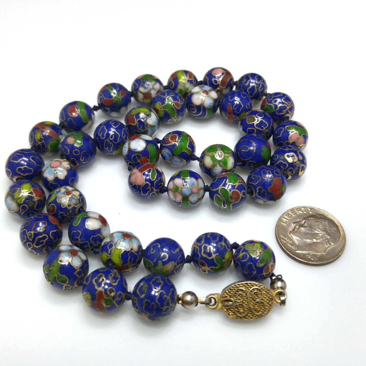 Cloisonne Blue Beaded Necklace, Floral Hand Painted Beads, 1960s Vintage Jewelry