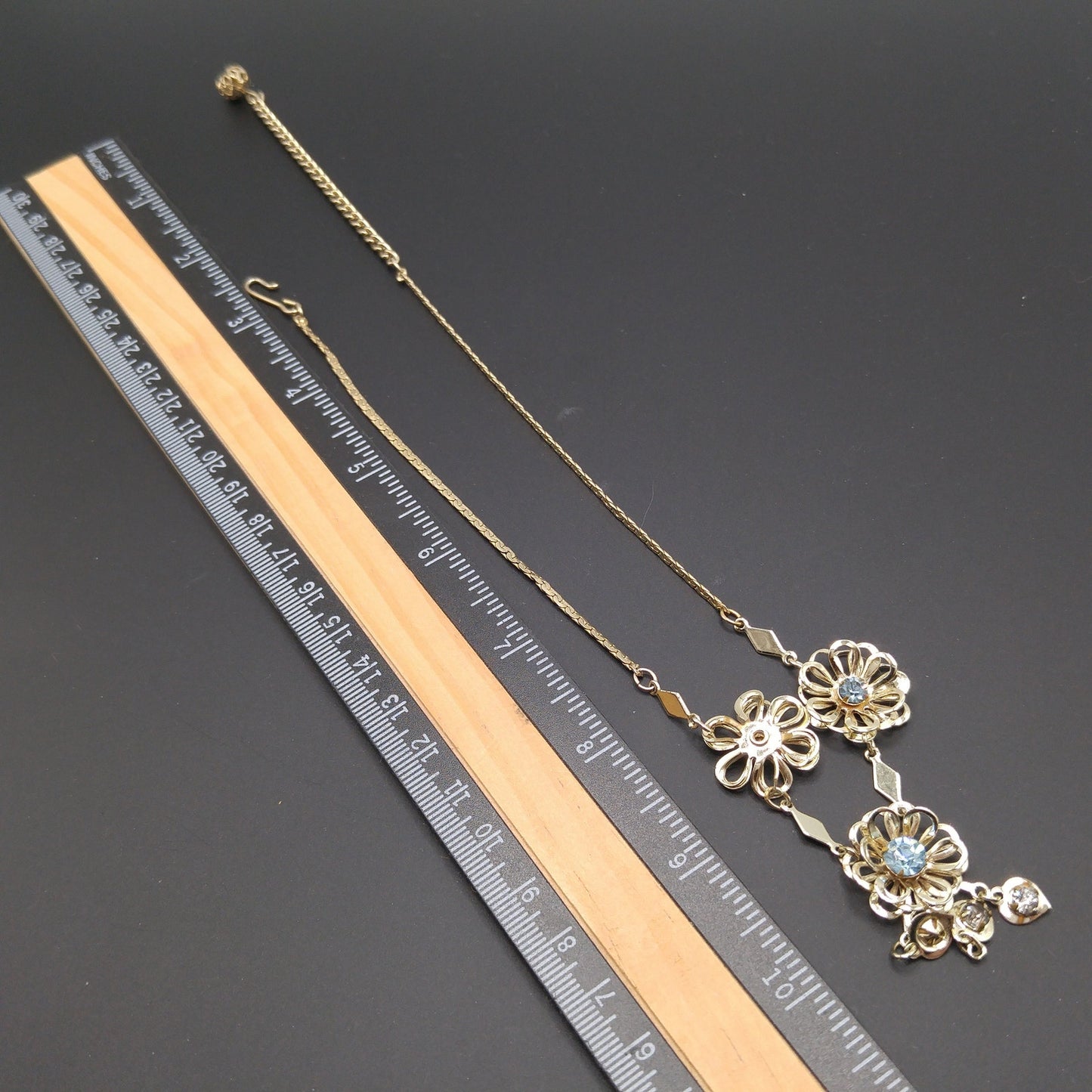 Mid-Century Floral Necklace, Light Blue Rhinestones, Gold Plated, 1950s Vintage Jewelry