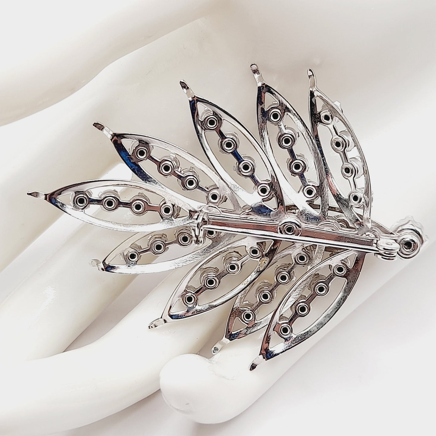 Vintage Clear Rhinestone Leaf Brooch Silver Tone Pin - 2 3/4 Inches Lightweight