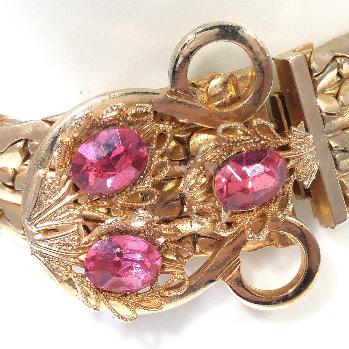 Pink Rhinestone Curb Chain Bracelet, Gold Plated, 1960s Vintage Jewelry