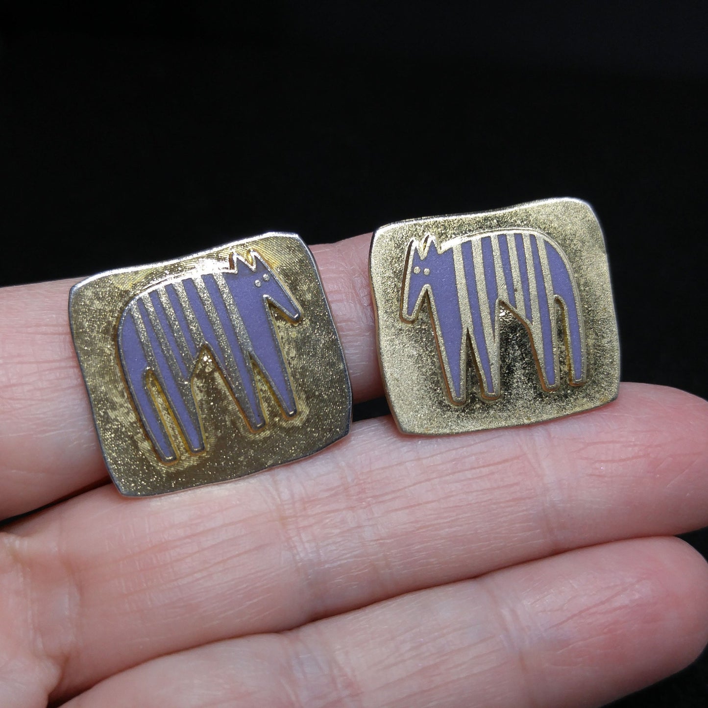 Laurel Burch "Striped Beast" Pendant & Earrings, Brass Purple Enamel, 1980s