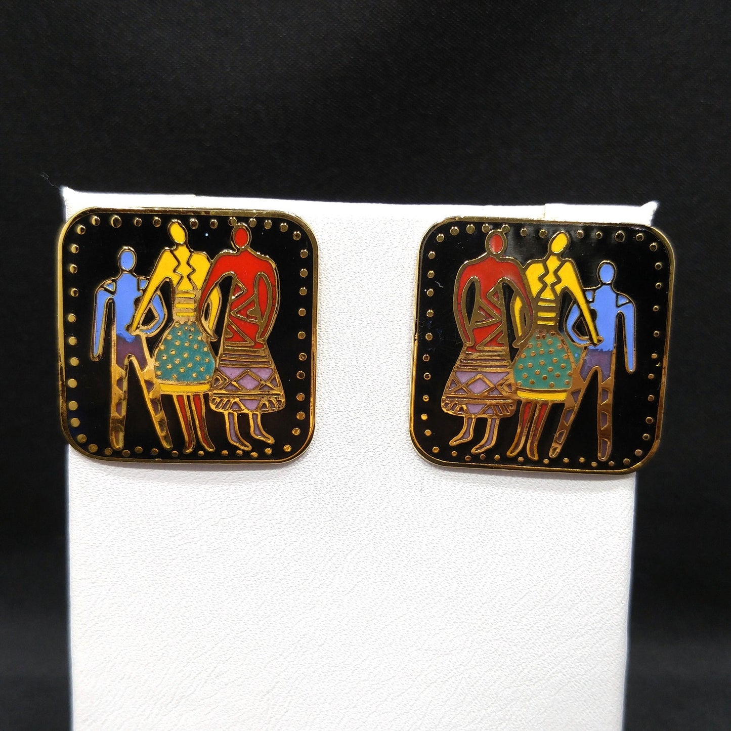 Vintage Laurel Burch "Familia" Post Earrings, Gold Plate Enamel