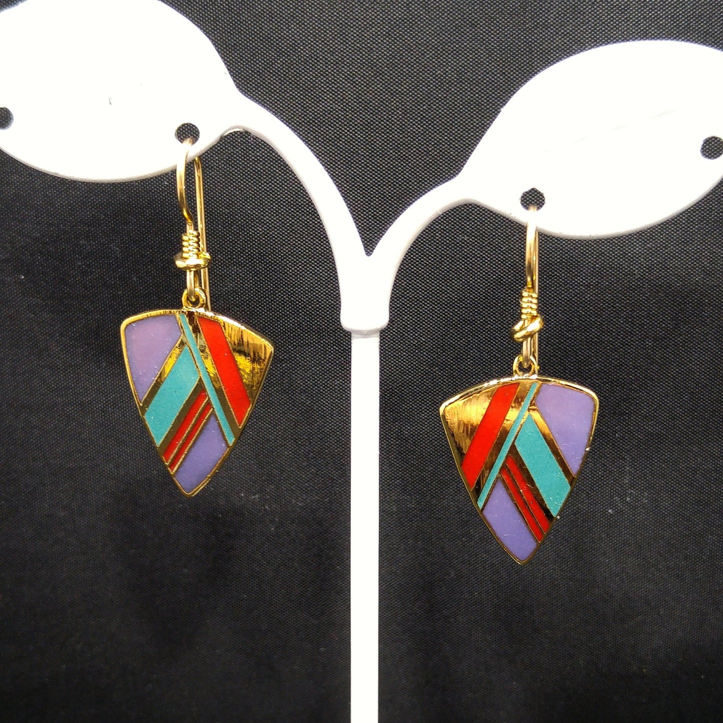 Vintage Laurel Burch Gold Plated Dangle Earrings, Enamel Teal Purple Red