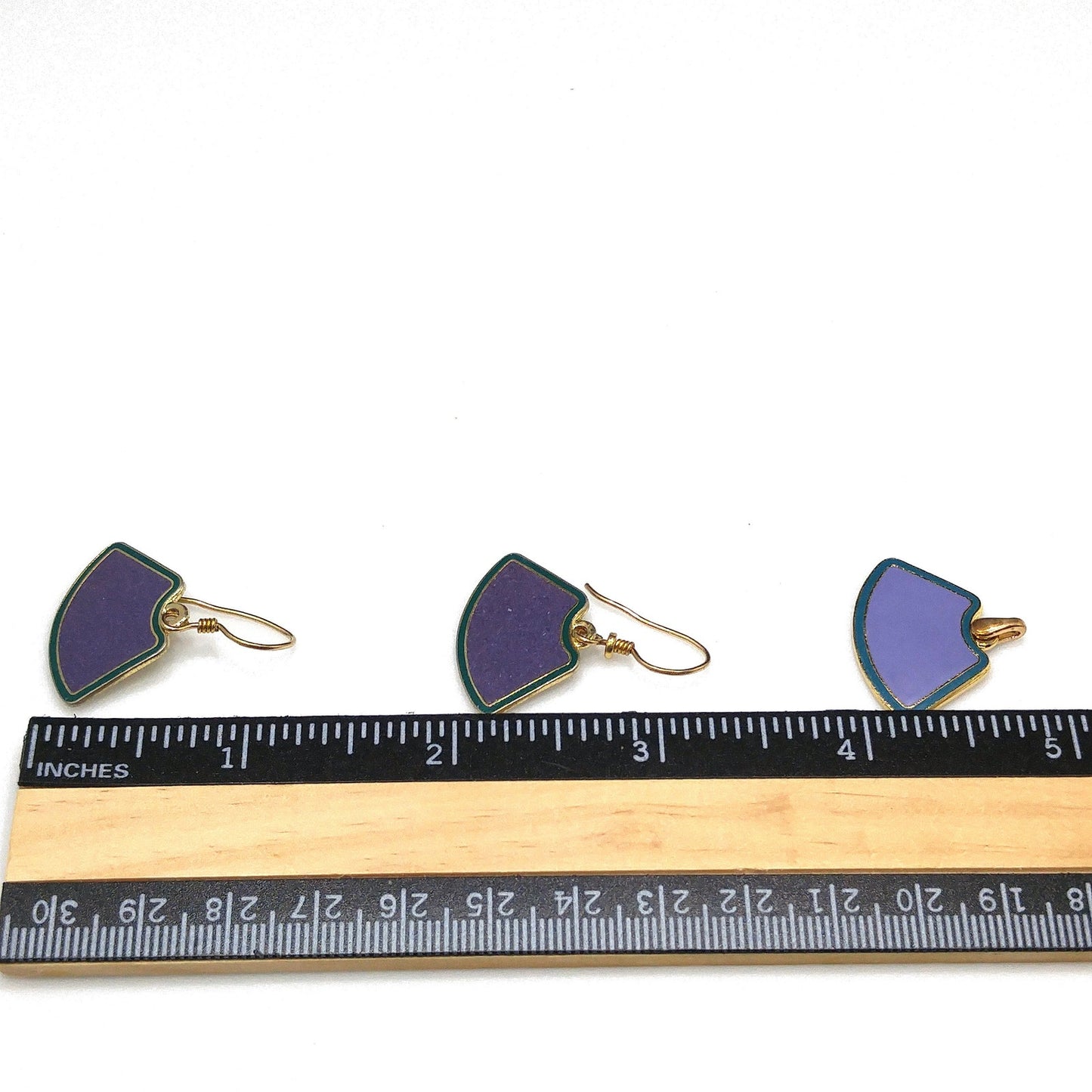 Laurel Burch Purple & Teal Earrings Pendant, Cloisonné Enamel, Gold Plated, 1980s Vintage Jewelry