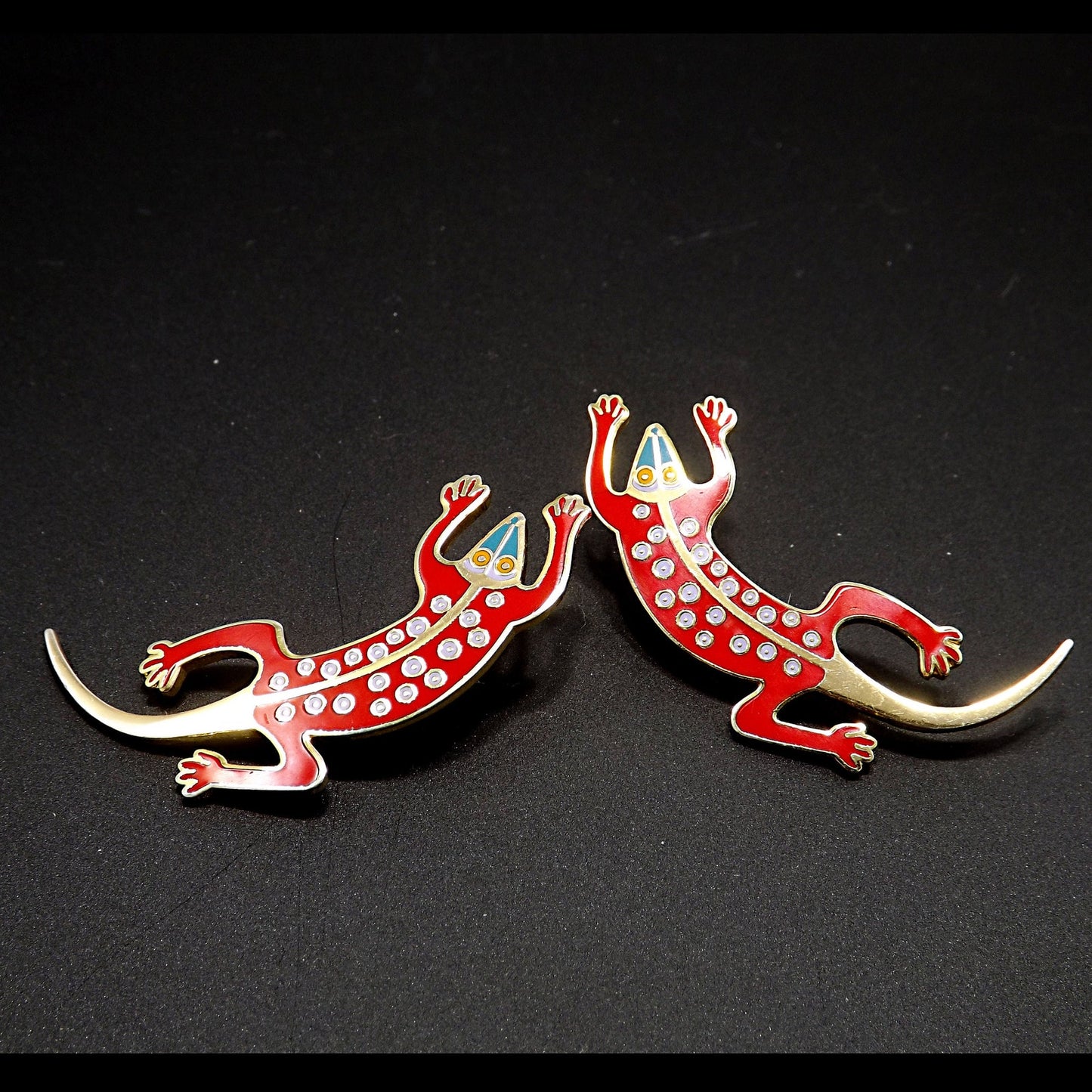 Vintage Laurel Burch Red Enamel "Lizard" Earrings, Gold Filled Posts, 1980s