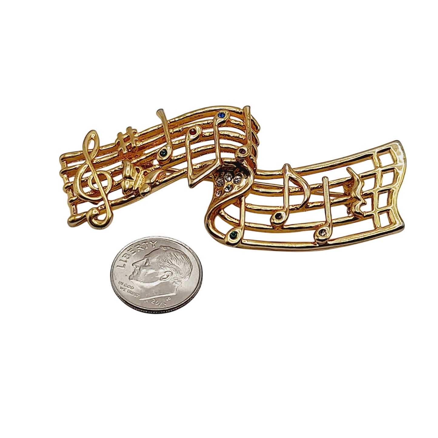 Vintage Musical Notes Brooch Gold Tone Music Staff Pin with Rhinestones – 2.75”