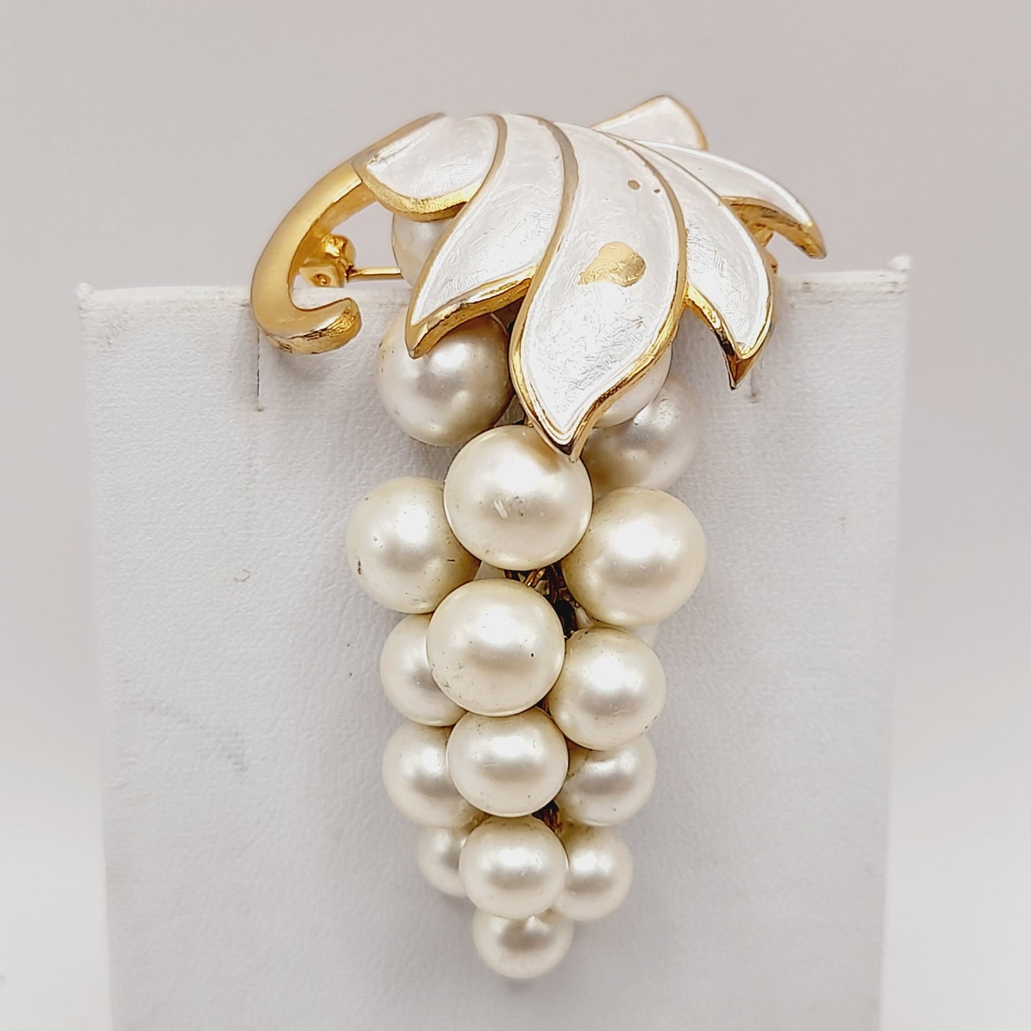 Vintage Alice Caviness Grape Cluster Brooch, White Enamel Leaf, Faux Pearl Berries, Gold Tone Pin, Mid Century Jewelry