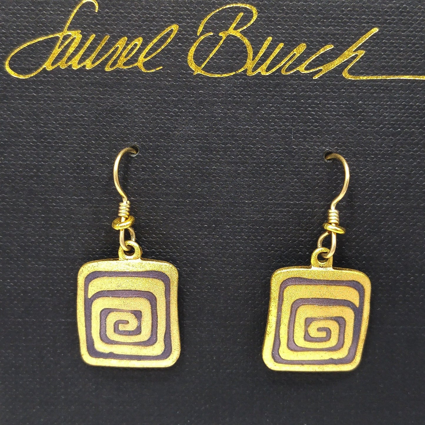 Vintage Laurel Burch "Rhythm" Earrings, Gold Plated, Brown Enamel
