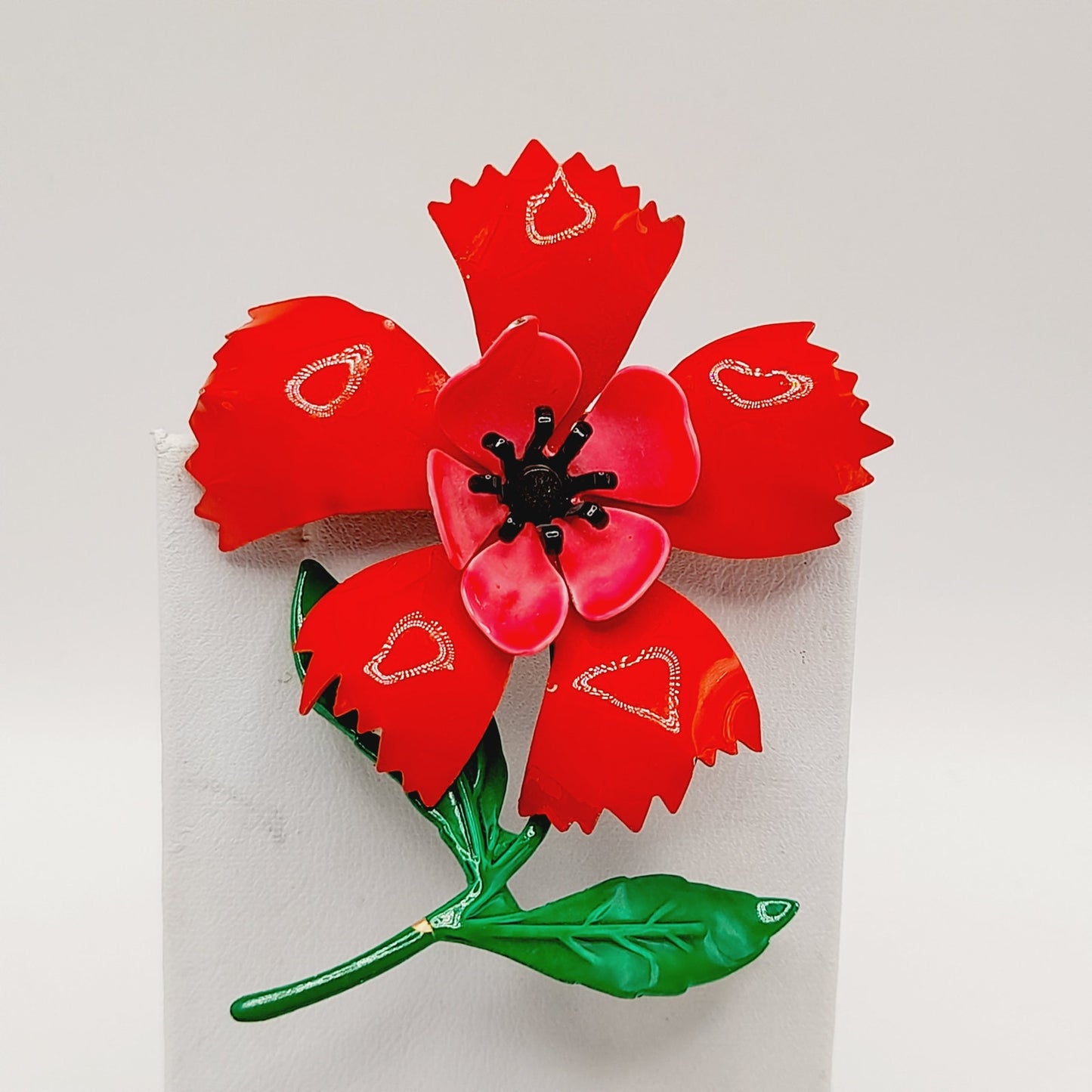 Vintage 1960s Red Green Enamel Flower Brooch