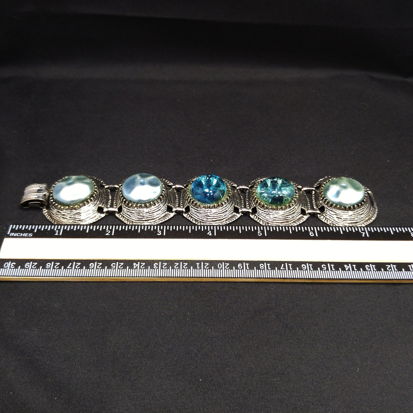 Mid-century Silver Tone Five Link Bracelet, Gold Plated, Blue Lucite Pearled & Clear