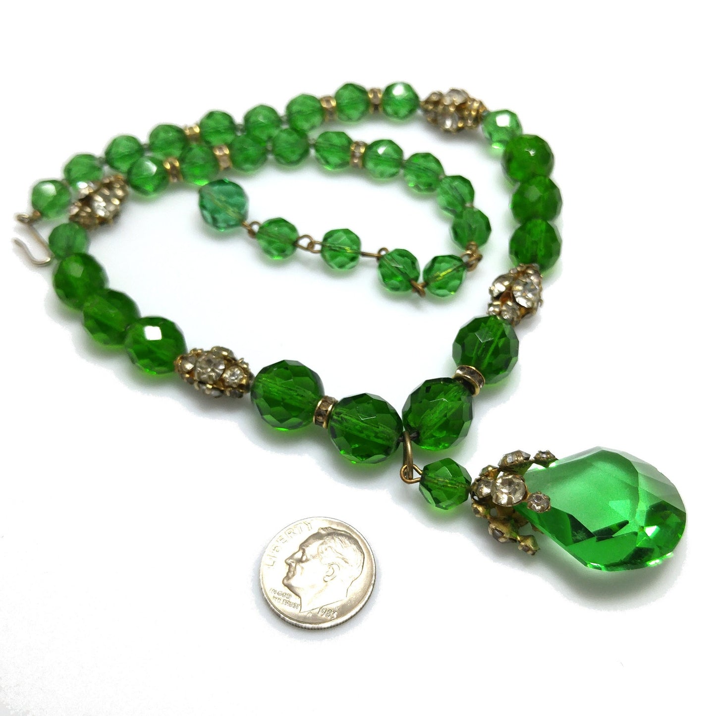 Green Czech Glass Pendant Necklace, Clear Rhinestones, 1950s Vintage Jewelry