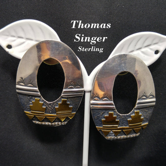 Thomas Singer Sterling Earrings, Navajo Post Silver, 1980's Vintage Jewelry