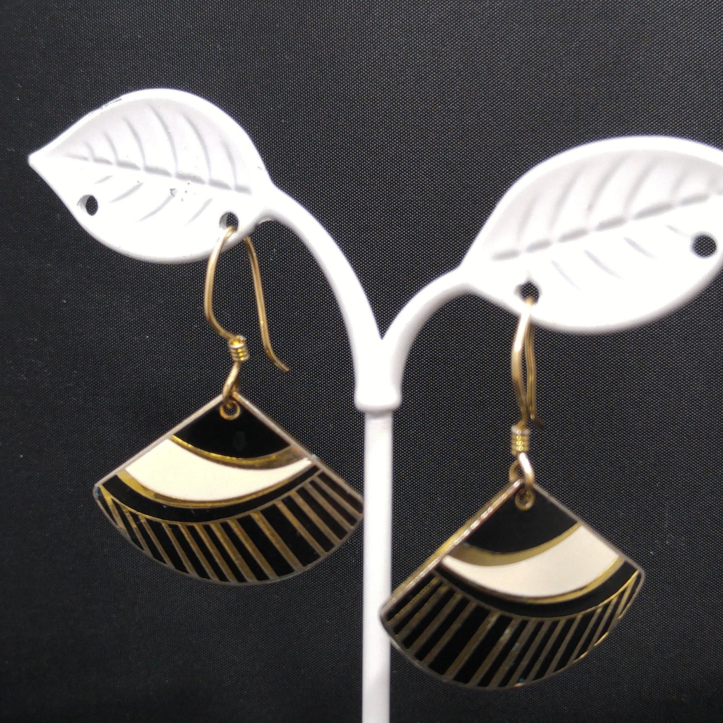 Vintage Laurel Burch Black White Gold Fan Drop Earrings, Gold Plated Enamel